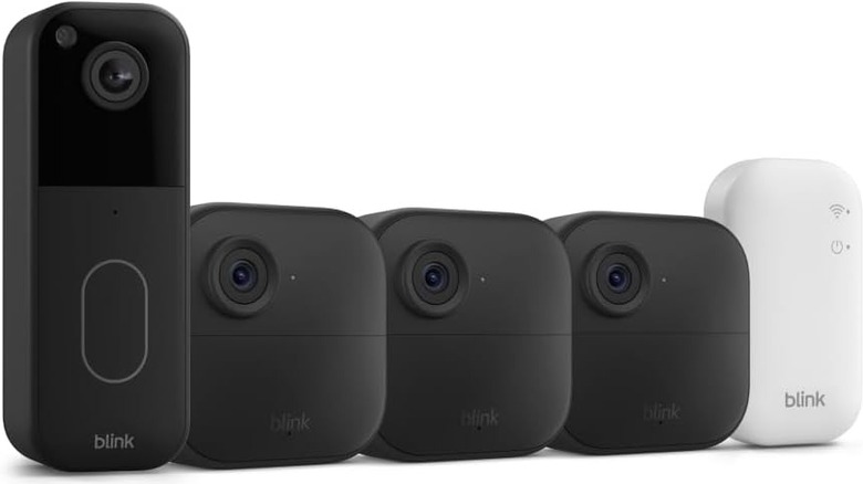 The Blink Video Doorbell lined up with accompanying security cameras