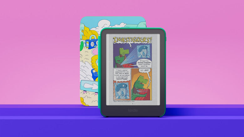 The new Kindle cases on the new e-reader against a colorful background