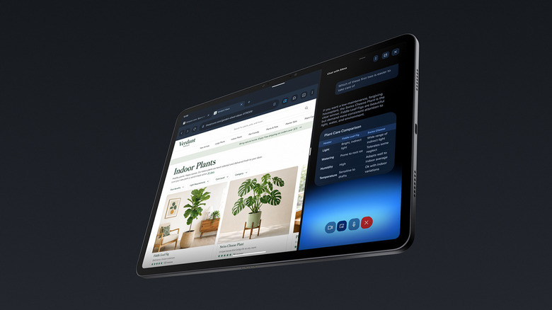 An Amazon Alexa tablet floating on a dark grey background showing a webpage on one side and an Alexa window on the other.