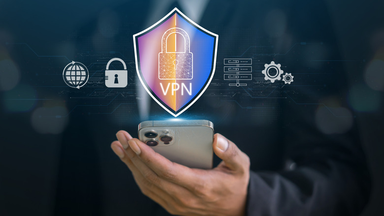 A VPN in use on an iPhone with a digital representation hovering above the screen.