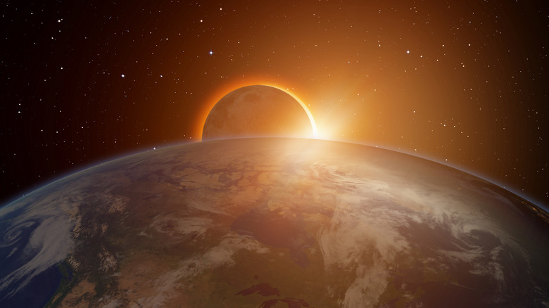 Visualization of a solar eclipse with the Moon between the Sun and Earth.