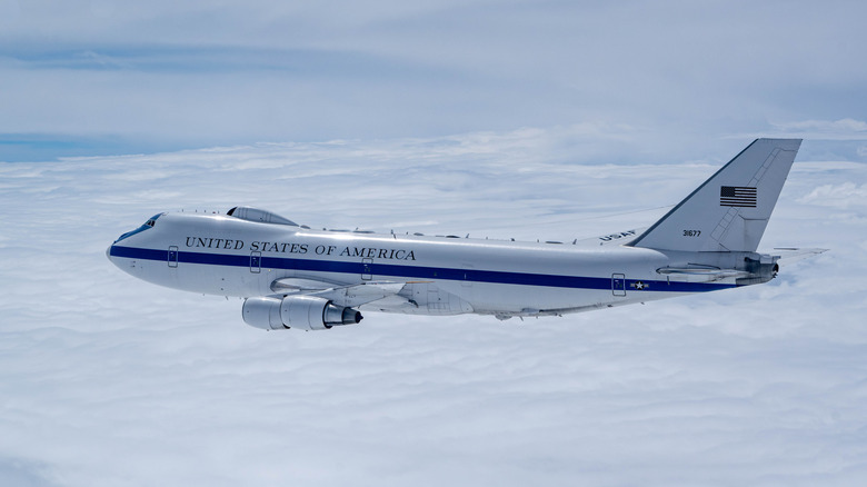 The United States' E-4B doomsday plane flies above the clouds.