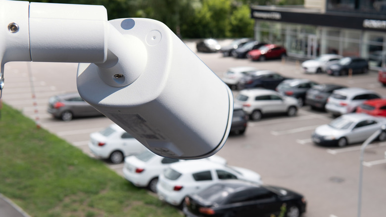 A security camera looking over a parking lot.