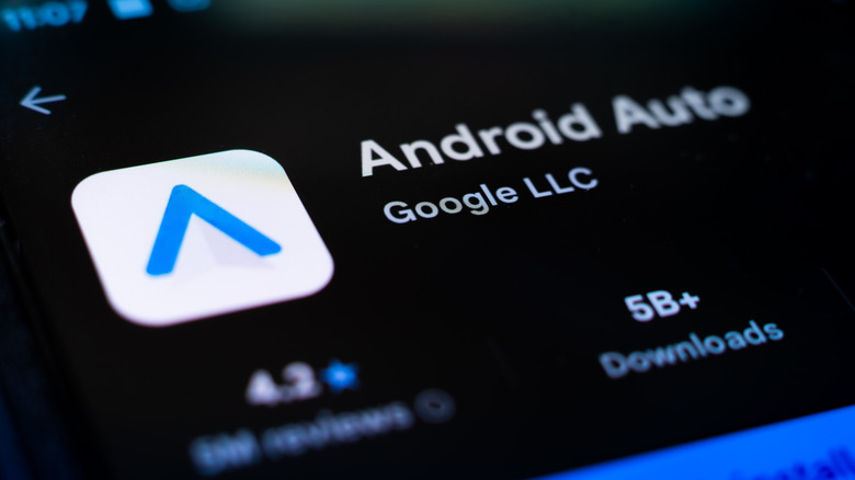 Android Auto app store close up with name and logo visible.