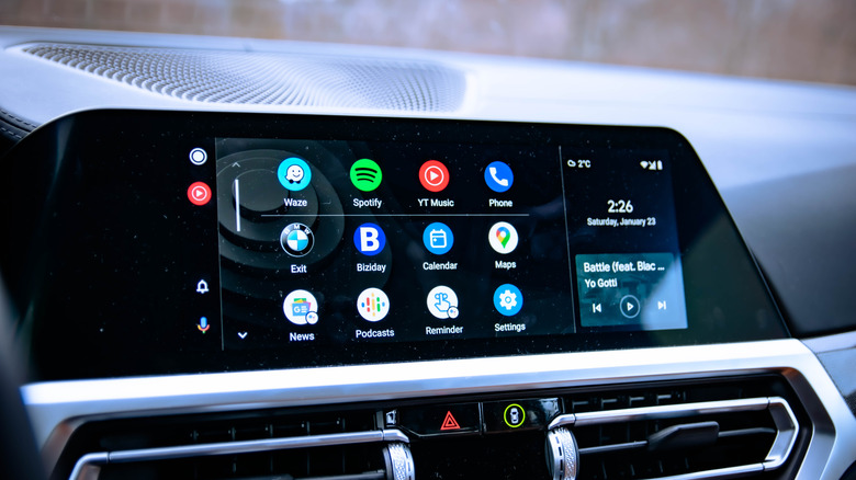 A closeup of a dashboard that's displaying Android Auto on its infotainment screen