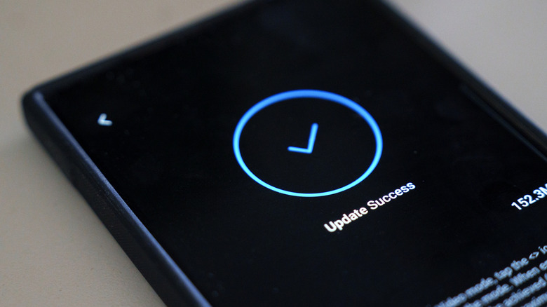 update success message with blue checkmark on smartphone display