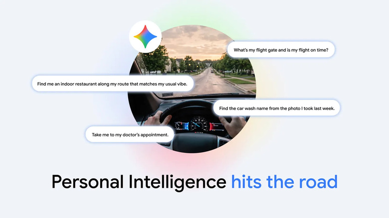 A graphic of a person driving with dialogue bubbles reflecting the various prompts you can give Gemini on Android Auto or in cars with Google built-in.