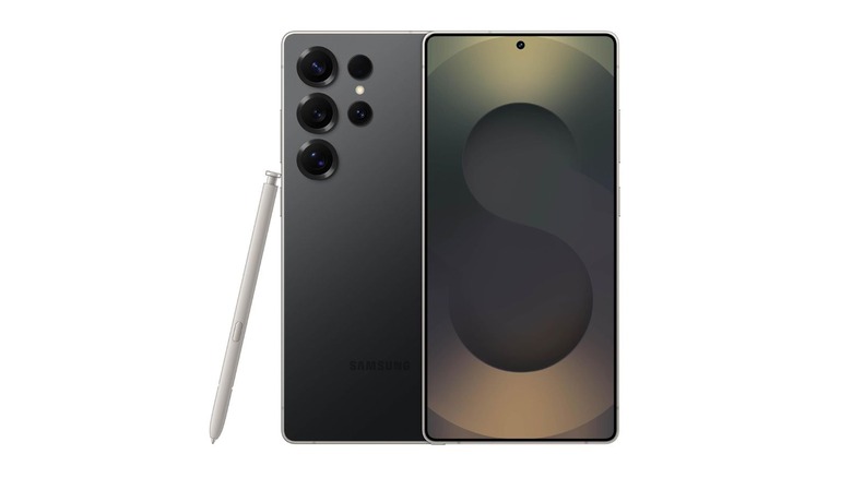 A picture showing the Samsung Galaxy S25 Ultra in black, and the S-Pen