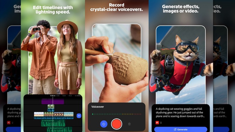 Promotional images for Adobe Premiere on Android as presented in the Google Play Store, the images show editing timelines, recording voices overs, and even using generative AI