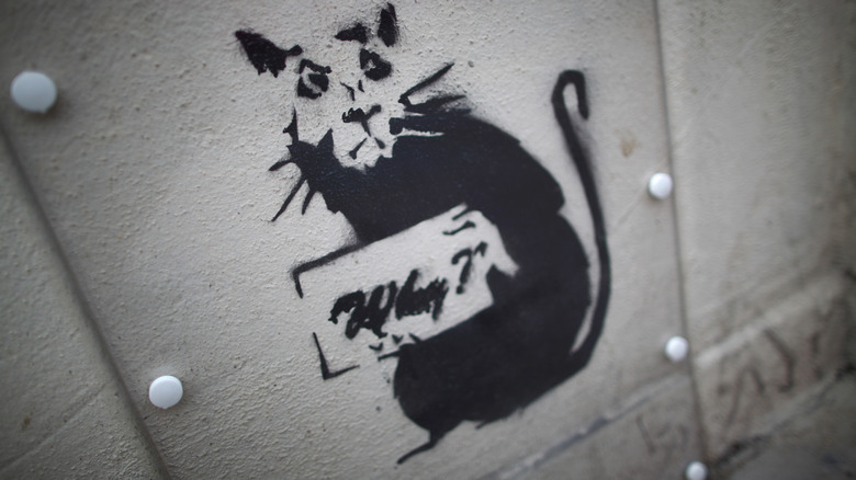 Graffiti art of a rat holding a smartphone