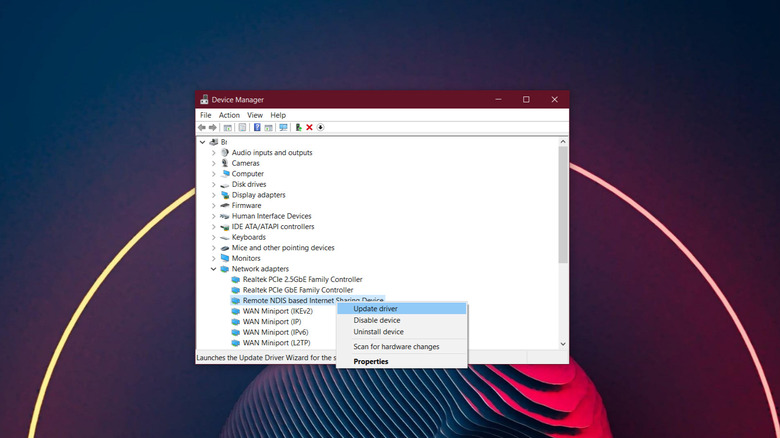 Screenshot of USB tethering drivers in the Windows device manager.
