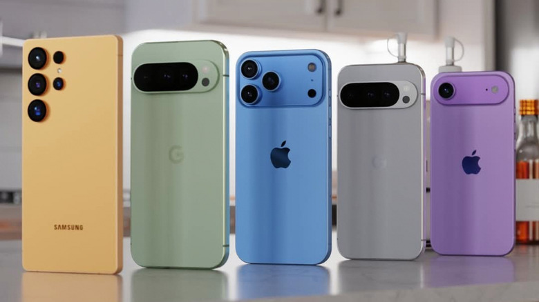 A line of multiple Samsung, Google, and iPhone smartphones, all an assortment of different colors