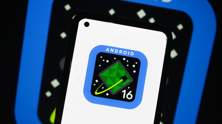 The Android 16 logo displayed on a smartphone screen