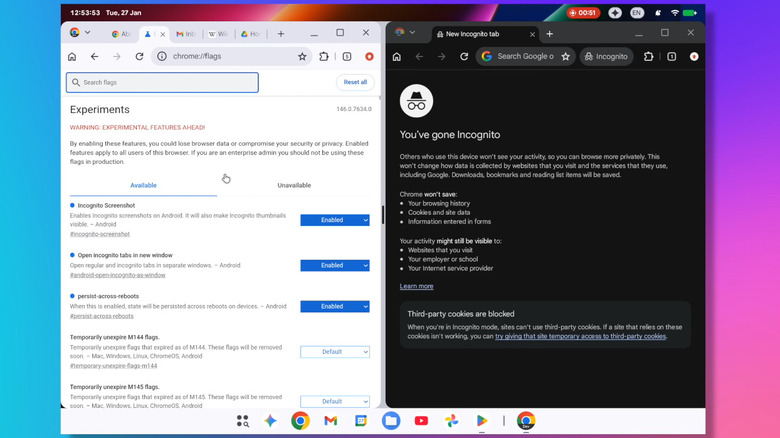 A split screen of Google's Aluminum operating system shows a white Google Chrome developer screen on the left and a black Incognito mode screen on the right.