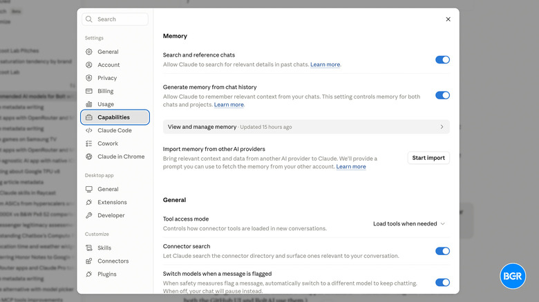 Settings in the Claude app