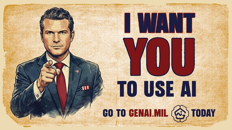 A Pentagon poster showcases Pete Hegseth in an Uncle Sam Pose, declaring, I want you to use AI