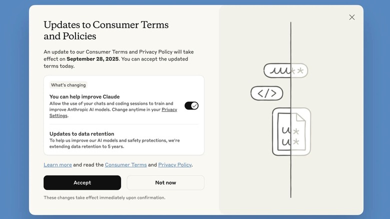 Claude's August 2025 privacy settings for model training.