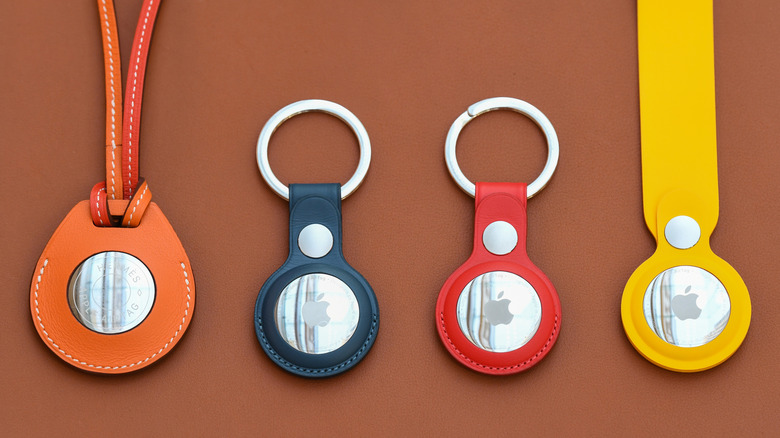 Loop and key ring accessories for the AirTags on display at an Apple Store