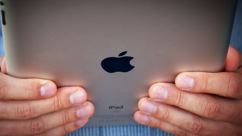 A person holding an Apple iPad.