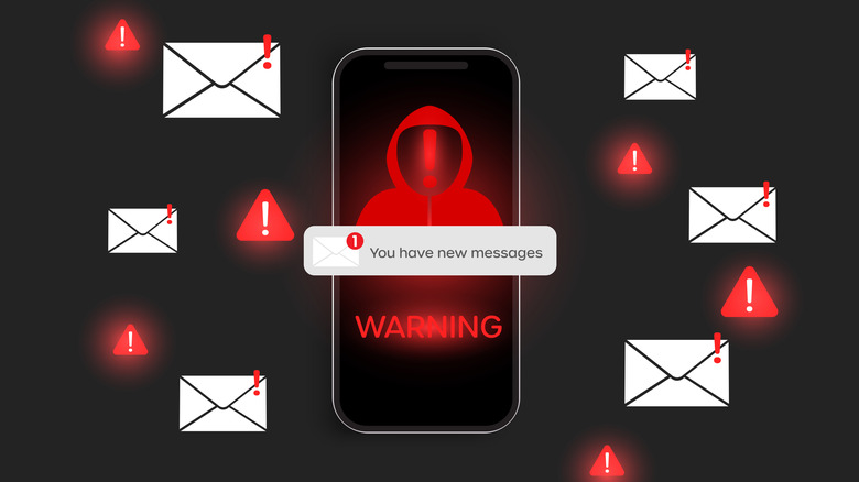 A black iPhone screen shows a red hooded figure and a push notification, surrounded by notification envelopes and red security caution signs.