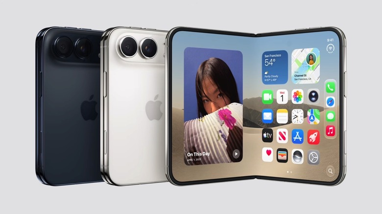 iPhone Duo: Foldable display open and turned on, and color options.