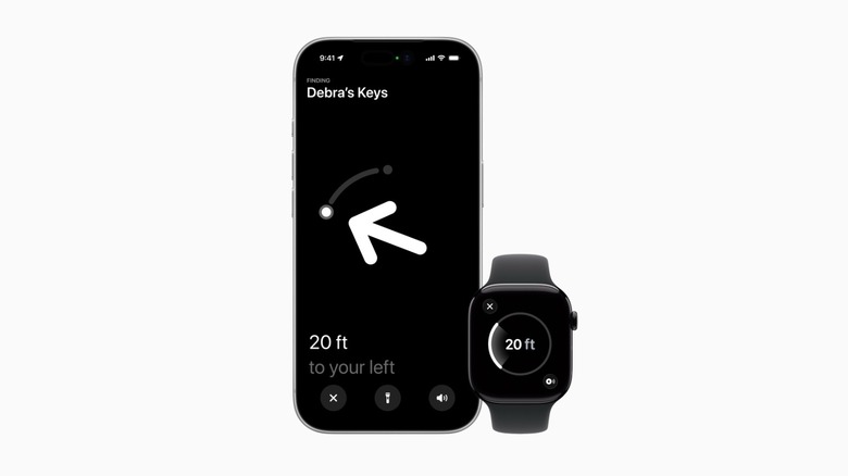 An iPhone and Apple Watch using the AirTag Precision Finding feature