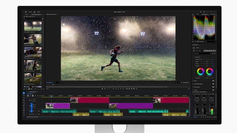 Promotional image of the Studio Display XDR showing a player on a sports field in the rain.