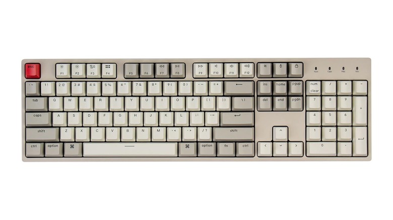 An Amazon promotional image for the Keychron C2 Full Size Wired Mechanical Keyboard, the image focuses on the keyboard and it's red Escape key