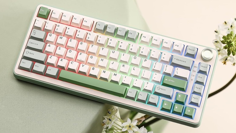 A Yunzii B75 Pro Mechanical Keyboard with Knob sits on top of a green and white backdrop, the keyboard is illuminated with its RGB lighting within the keyboard