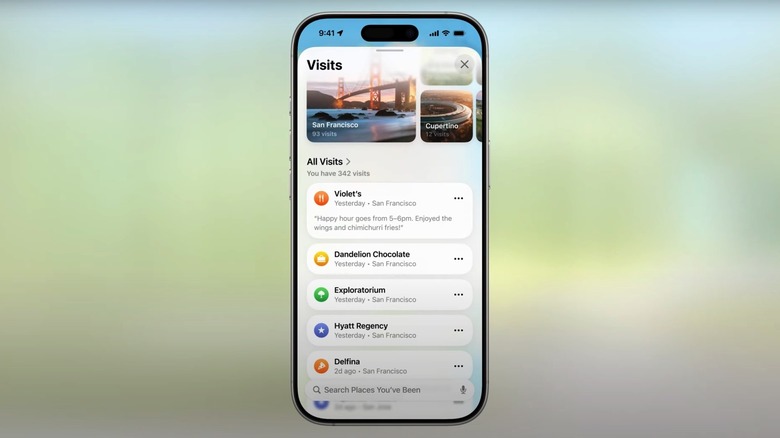 iOS 26: Apple Maps visited places feature.