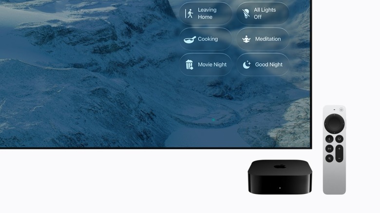 Close-up of Siri remote and smart home UI