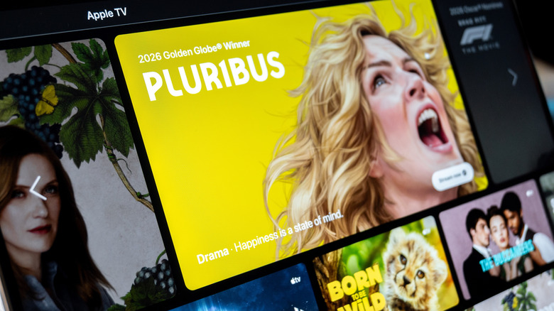 A sideways image showing Apple TV titles in the menu.