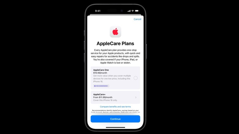 iPhone 16 con la página de planes Applecare destacando las diferentes posibilidades