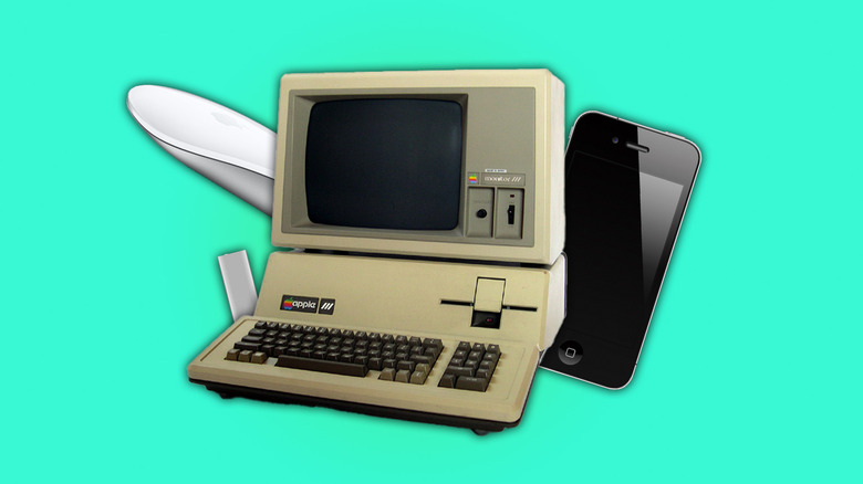 Apple III, iPod Shuffle, iPhone 4 and Magic Mouse 2 on green background