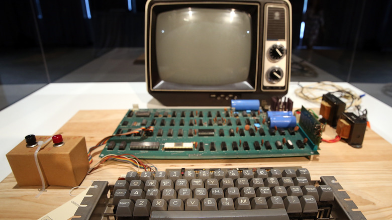 Apple I connected to a TV on display in museum