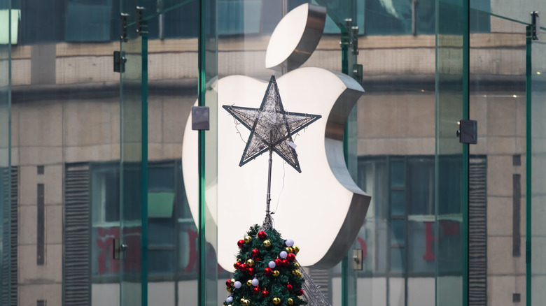 Apple retail store logo seen behind Christmas decorations.