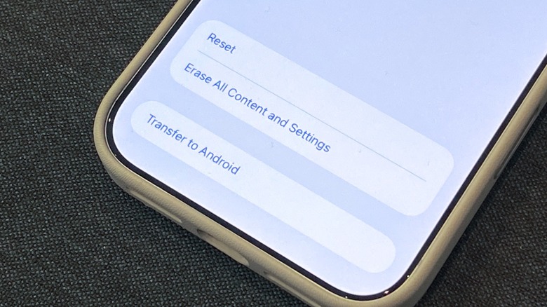 An iPhone 17 Pro Max. The display shows a new "Transfer to Android" option available with iOS 26.3.