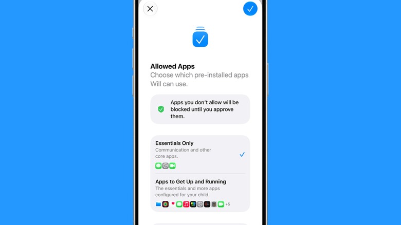 close-up of screen showing allowed apps section in Apple's new screen time settings and parental controls