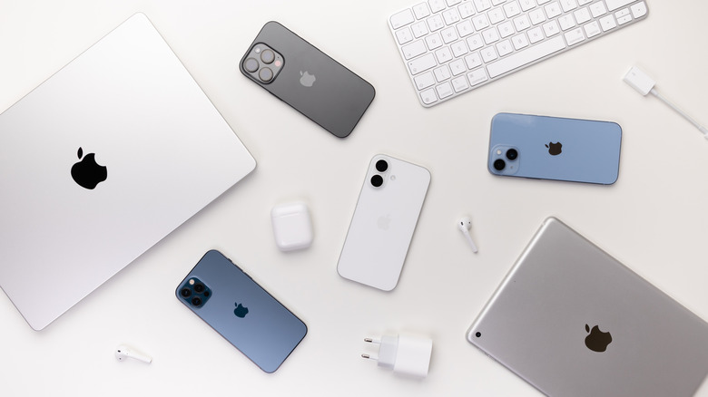 A collection of Apple devices against a white background