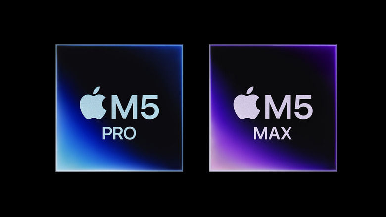 Graphic of the M5 Pro and M5 Max chips against a black background