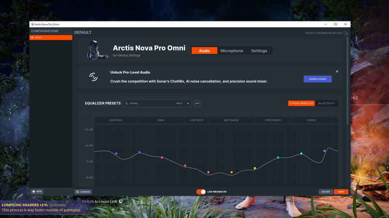 SteelSeries GG desktop app on the basic engine page to manage headset EQ, currently set to smiley