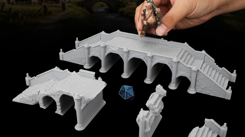 3D printed TTRPG terrain miniatures for a bridge.