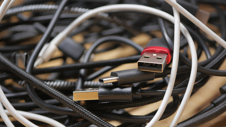 jumble of USB cables showing how not to store cables and wires