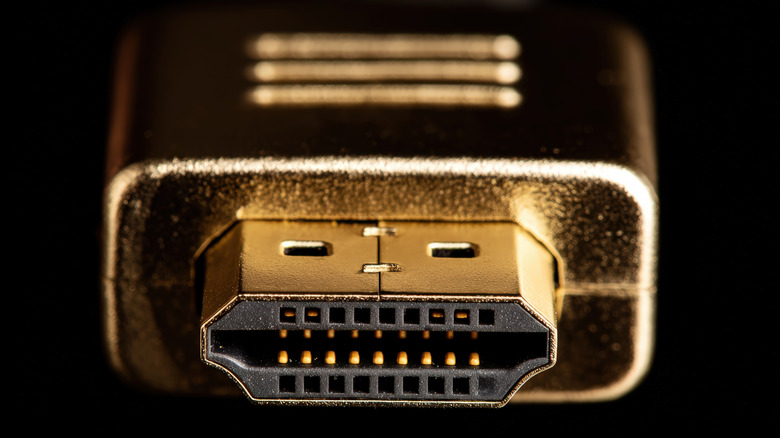 Close-up view of a gold-plated HDMI cable.