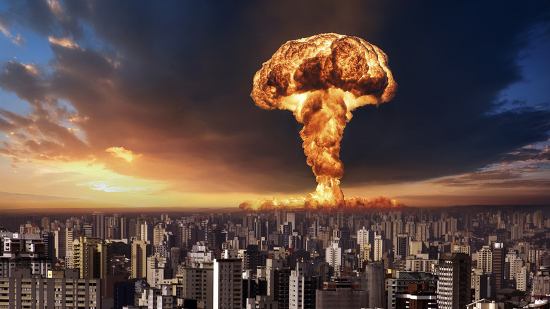 Artistic rendition of a nuclear explosion near a city