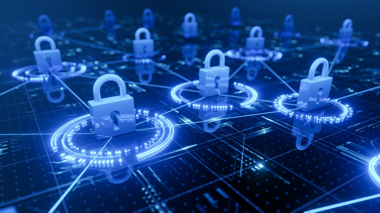 Digital illustration of several nodes in a network with locks over each one.