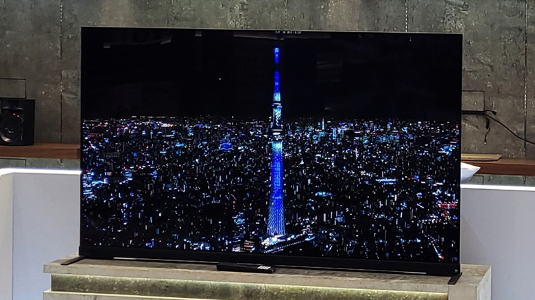 Front view of a Panasonic OLED TV, turned on