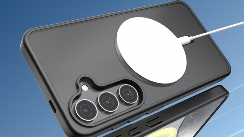 A magnetic wireless charger connected to Samsung Galaxy S25 using Supfine Magnetic Case