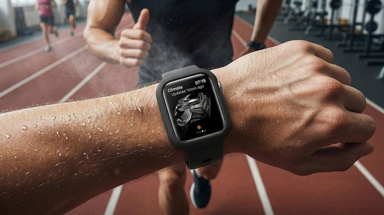 Close-up of an Apple Watch on a wrist with the Hontaos case on it, a man running towards the image.