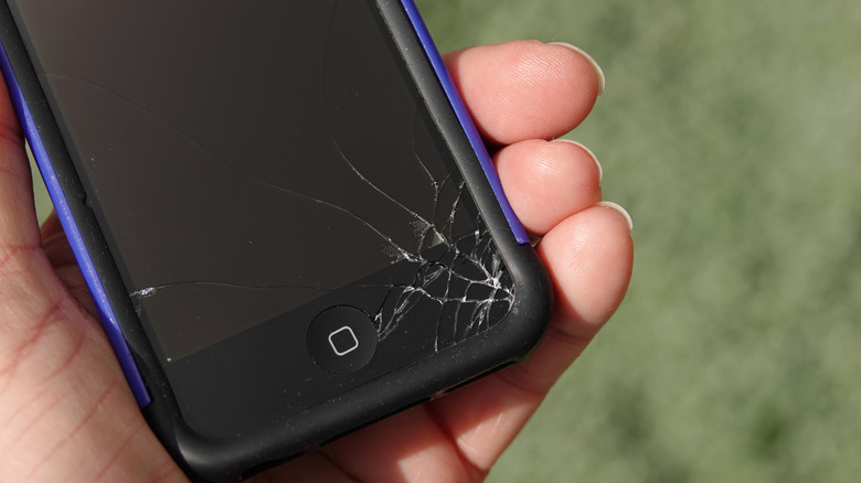 A person holding a cracked phone contained in a phone case